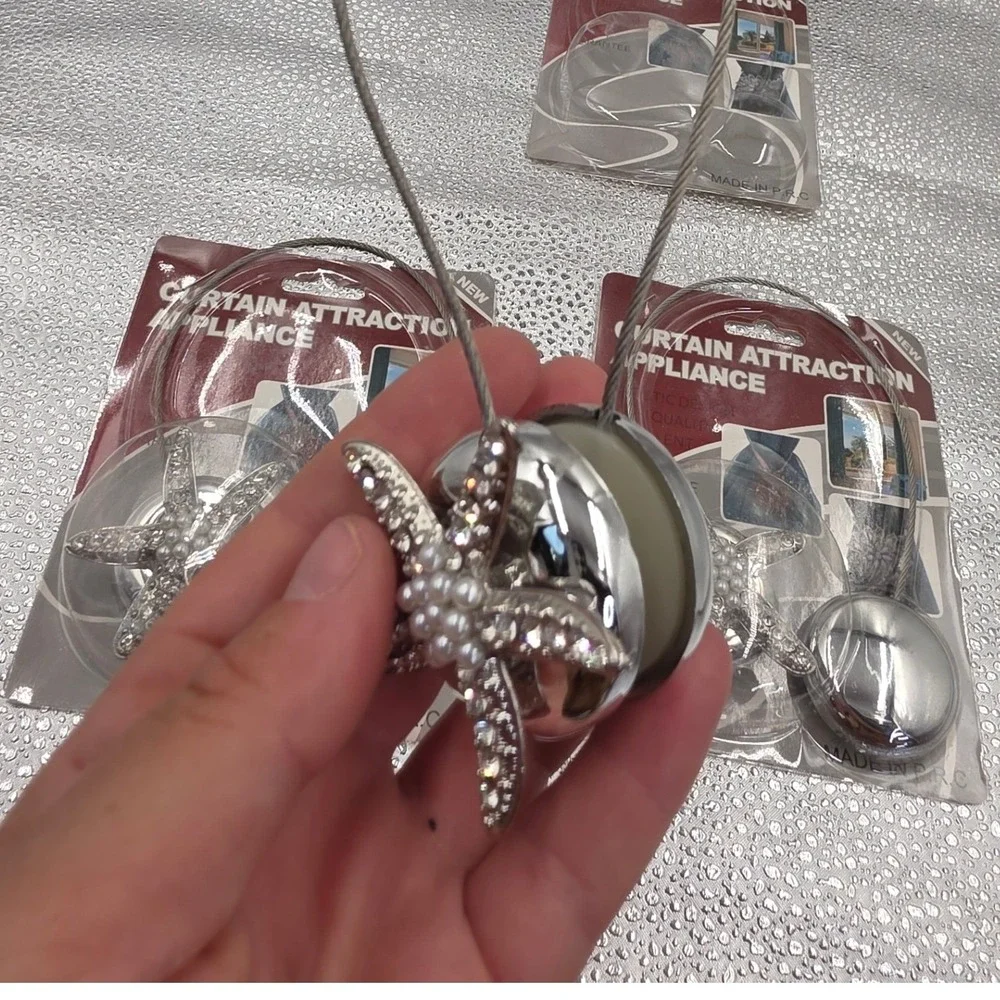 Magnetic Starfish Curtain Tiebacks Set of 3 Silver Rhinestone Pearl Beach O1